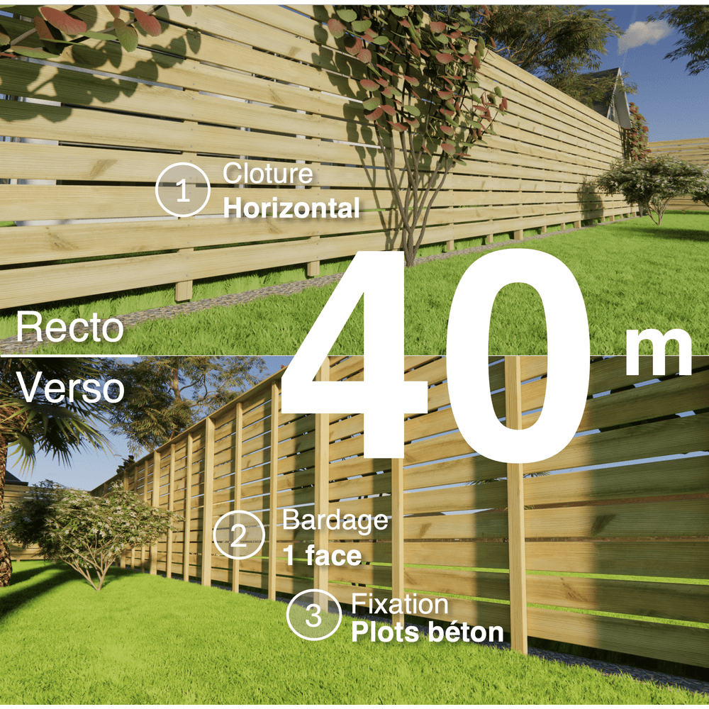 Kit clôture bois moderne 40m – h 2,3m – 21 x 145 mm autoclave vert – pose horizontal – simple face – à sceller