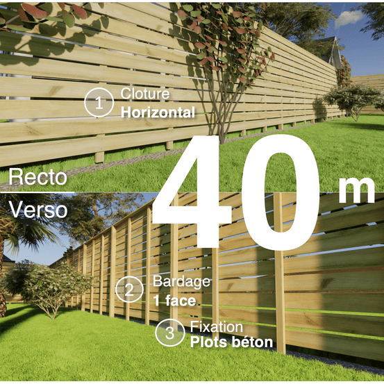 Kit clôture bois moderne 40m – h 2,3m – 21 x 145 mm autoclave vert – pose horizontal – simple face – à sceller