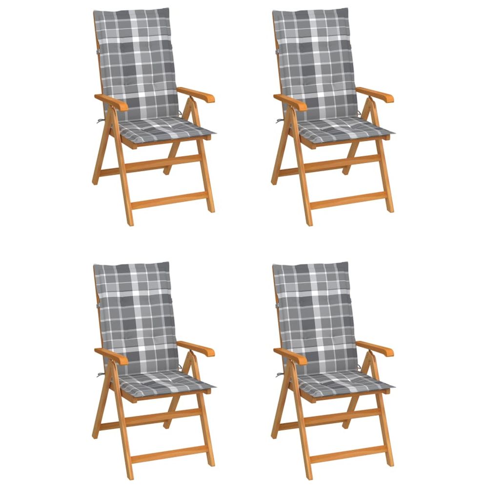 Chaises pliantes, 4 pièces, coussins à carreaux gris, bois de teck massif