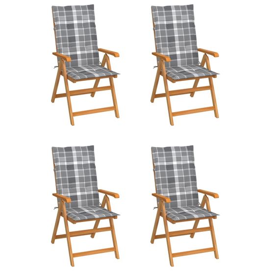 Chaises pliantes, 4 pièces, coussins à carreaux gris, bois de teck massif