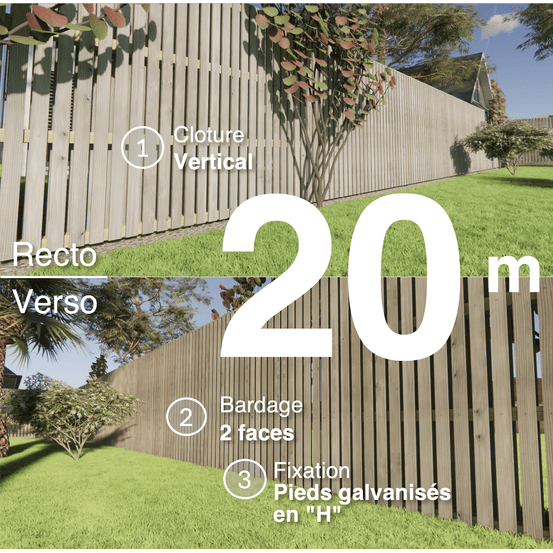 Kit clôture bois moderne 20m – h 1,9m – 20 x 70 mm autoclave gris – pose vertical – double face – support galva