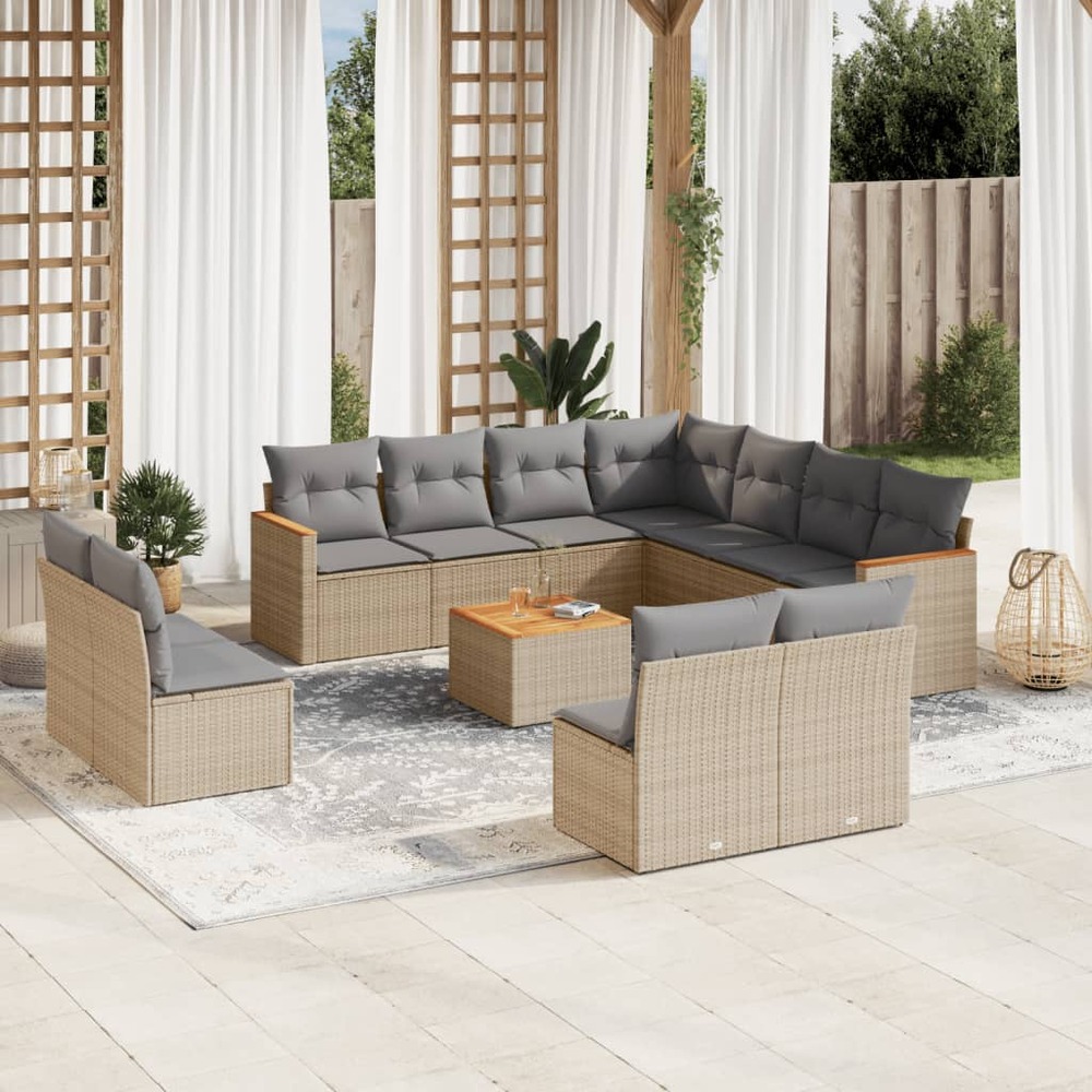 Salon de jardin et coussins 12 pcs mélange beige résine tressée