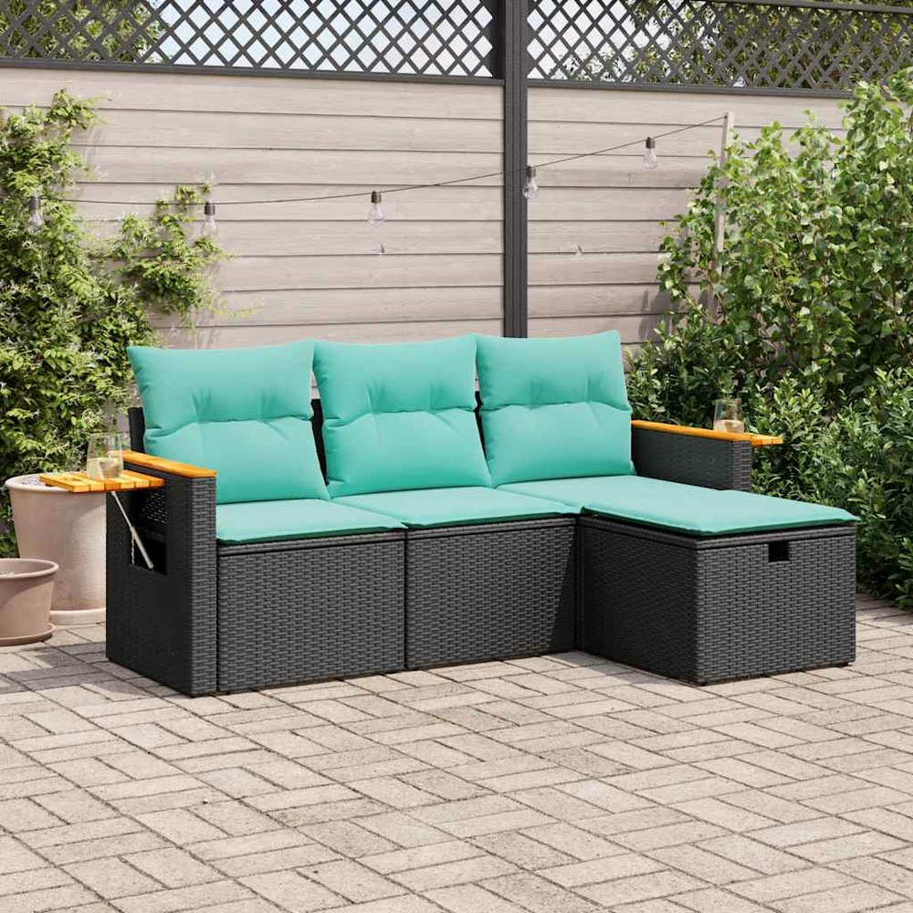 Salon de jardin 4 pcs avec coussins noir résine tressée