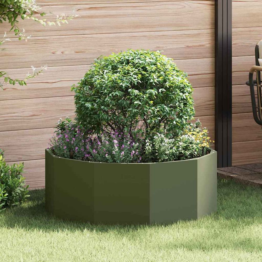 Jardinière ronde acier pour jardin et balcon vert olive 90x90x35 cm
