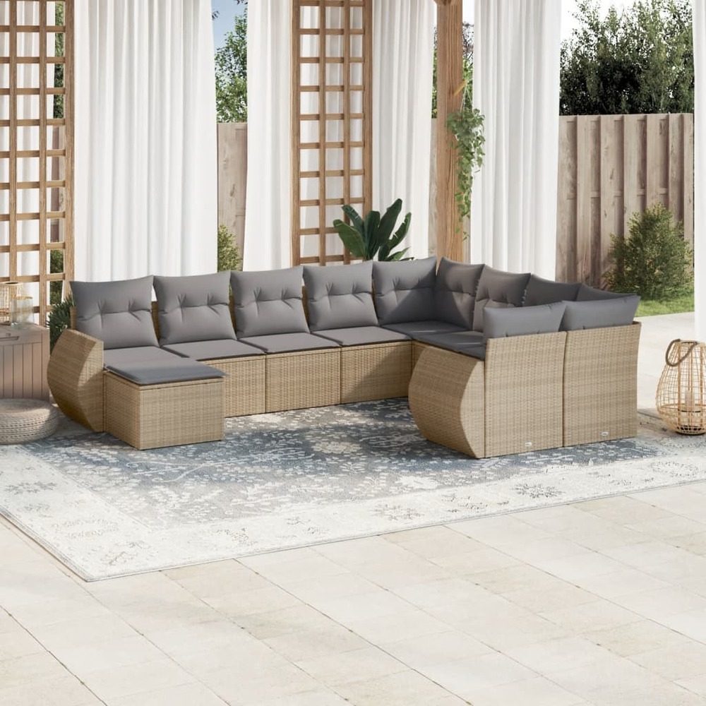 Salon de jardin avec coussins 10 pcs beige résine tressée
