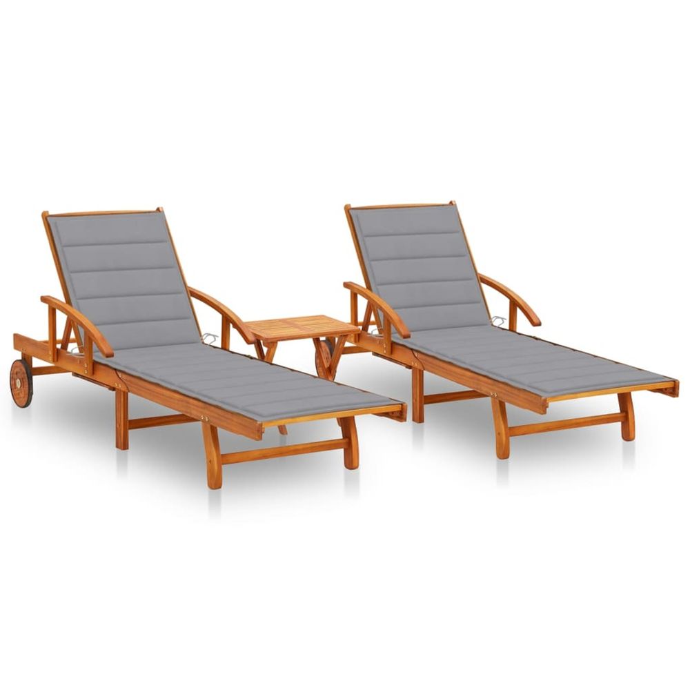 Chaises longues lot de 2 avec table et coussins acacia solide