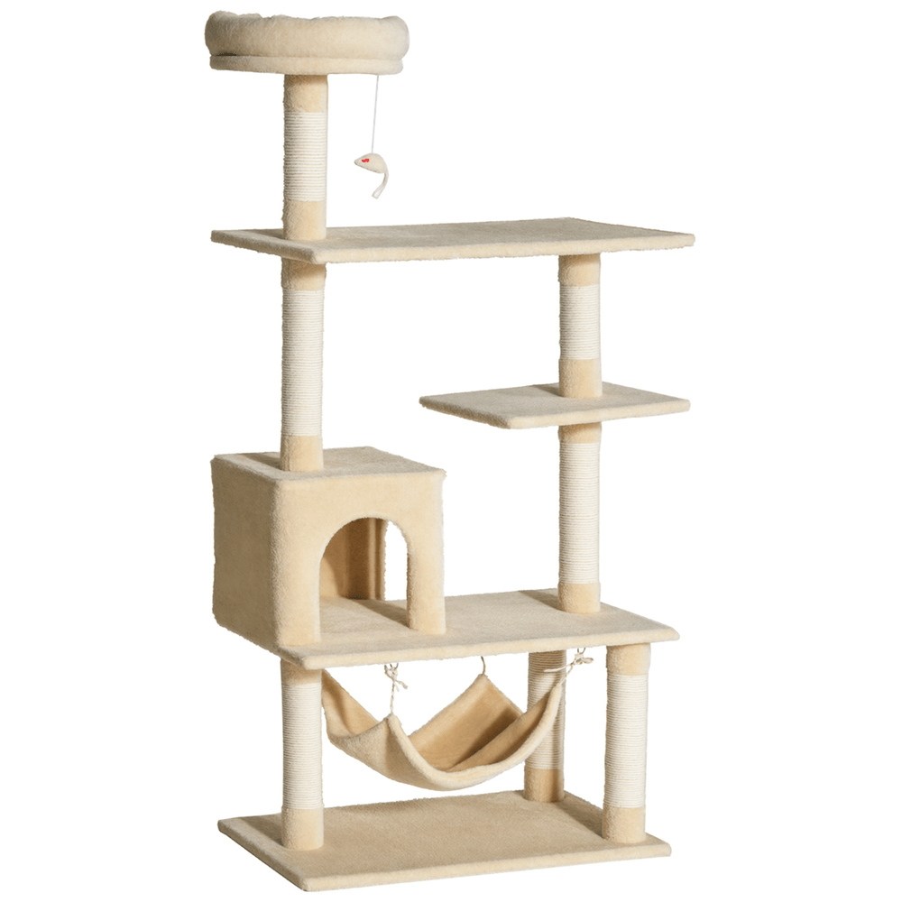 Arbre à chat 152 cm avec niche hamac et plateformes griffoir en sisal multi-niveaux beige