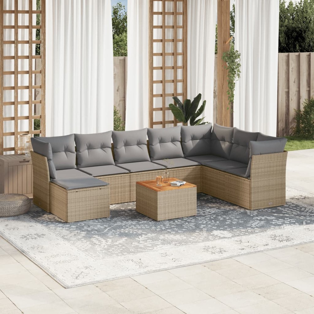 Salon de jardin avec coussins 9 pcs beige résine tressée