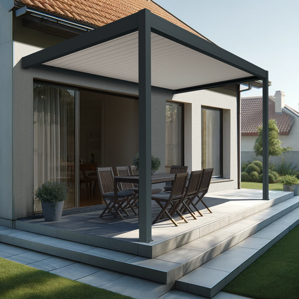Pergola bioclimatique xenon perpendiculaire (vérin à télécommande + led 3 côtés - gris anthracite / blanc - 4,109 x 4,00m)