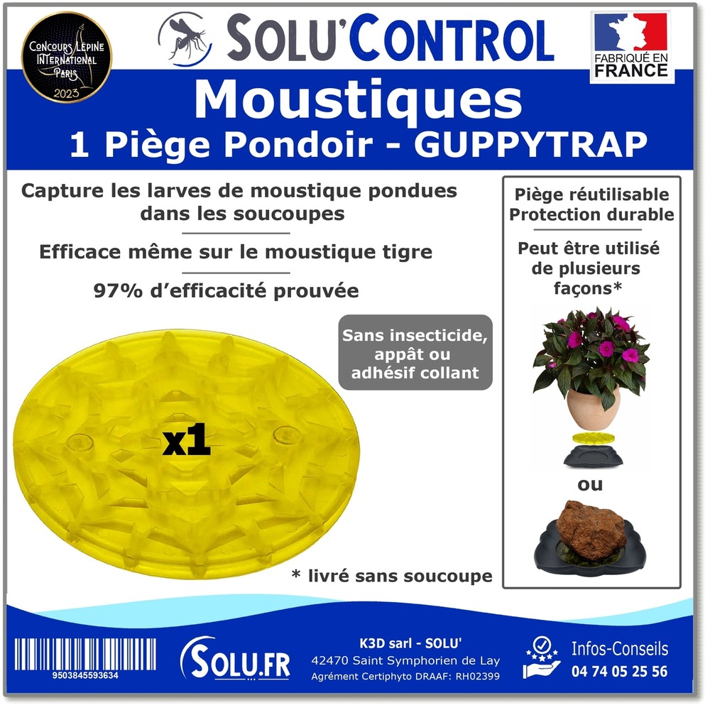 1 guppy trap, piège pondoir à moustiques, sans produit, sans adhésif, médaille d'argent concours lépine 2023, livré sans coupelle