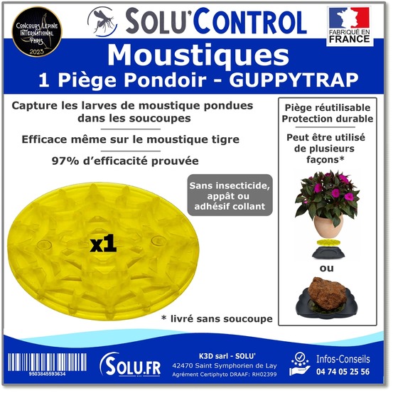 1 guppy trap, piège pondoir à moustiques, sans produit, sans adhésif, médaille d'argent concours lépine 2023, livré sans coupelle