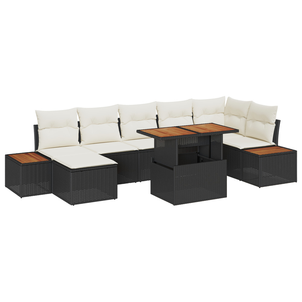 Ensemble de salle à manger de jardin 8 pièces avec coussins en rattan poly noir acacia
