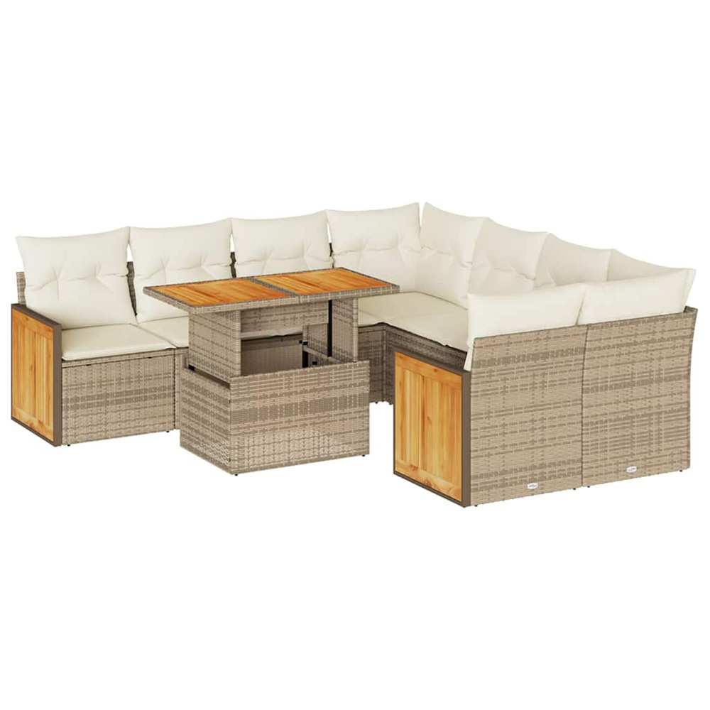 Salon de jardin avec coussins 9 pcs beige résine tressée acacia