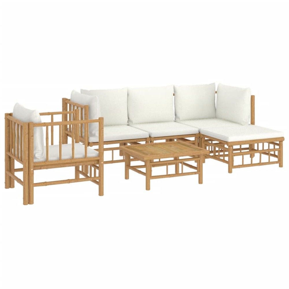 Salon de jardin meuble d'extérieur ensemble de mobilier 6 pièces avec coussins blanc crème bambou