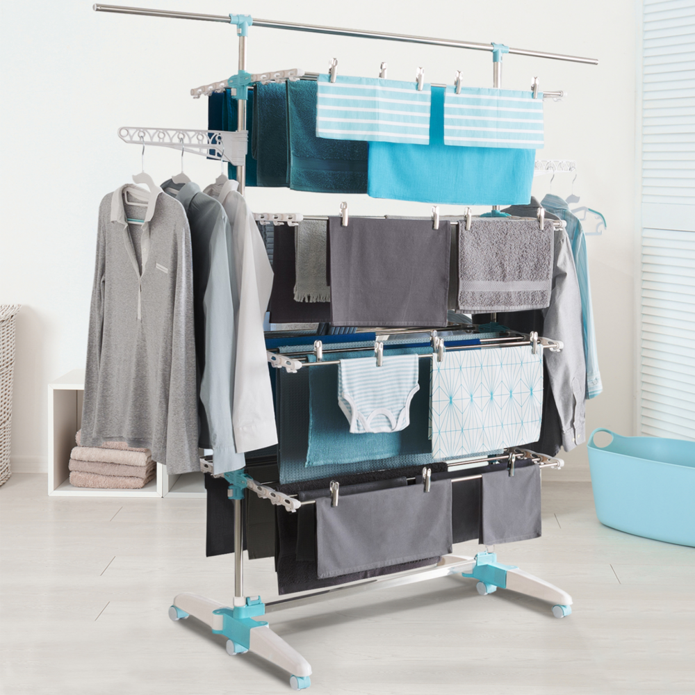 Séchoir à linge vertical pliable 4 niveaux optimum capacité 30m avec tringle télescopique blanc et bleu