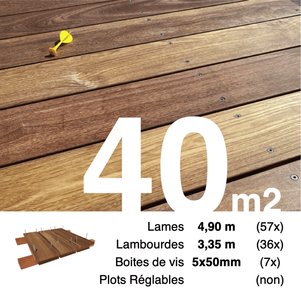 Kit terrasse bois exotique cumaru pour 40 m², lames 4,9 m, lambourdes 3,35 m et visserie inox.