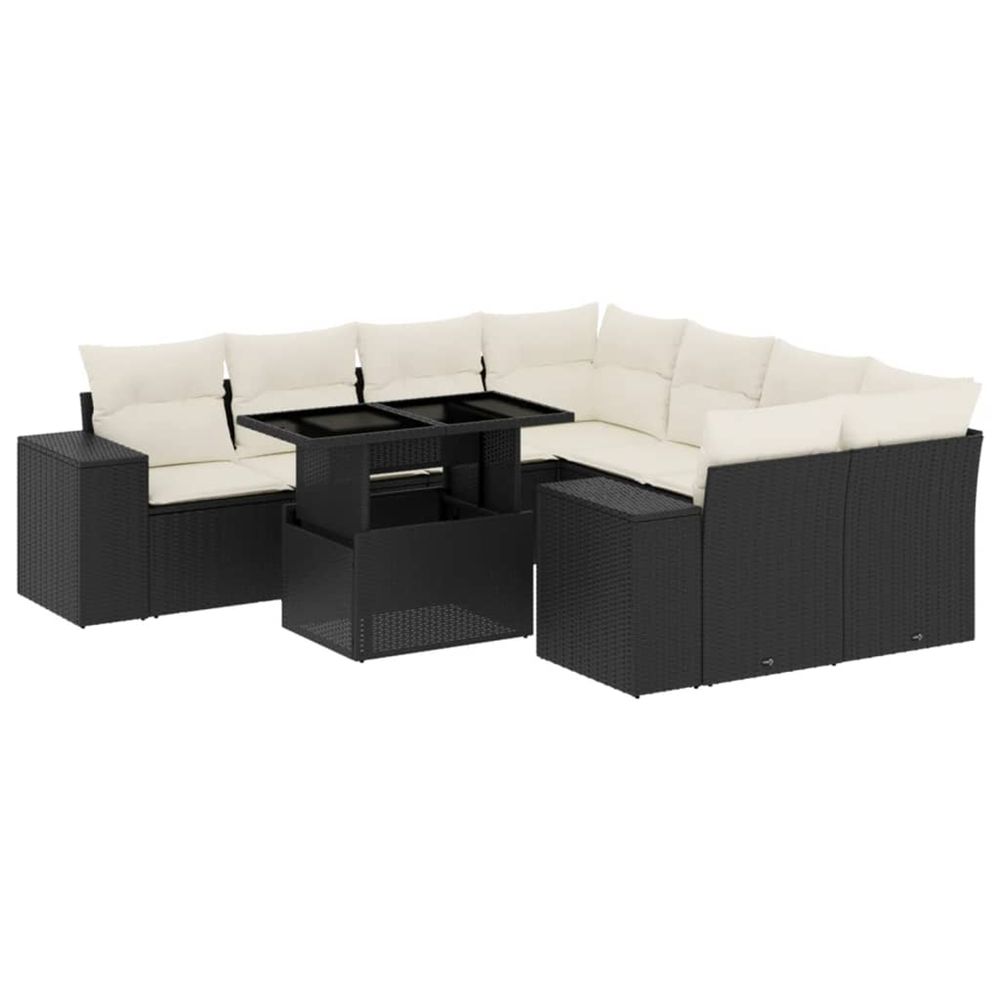 Salon de jardin 9 pcs avec coussins noir résine tressée