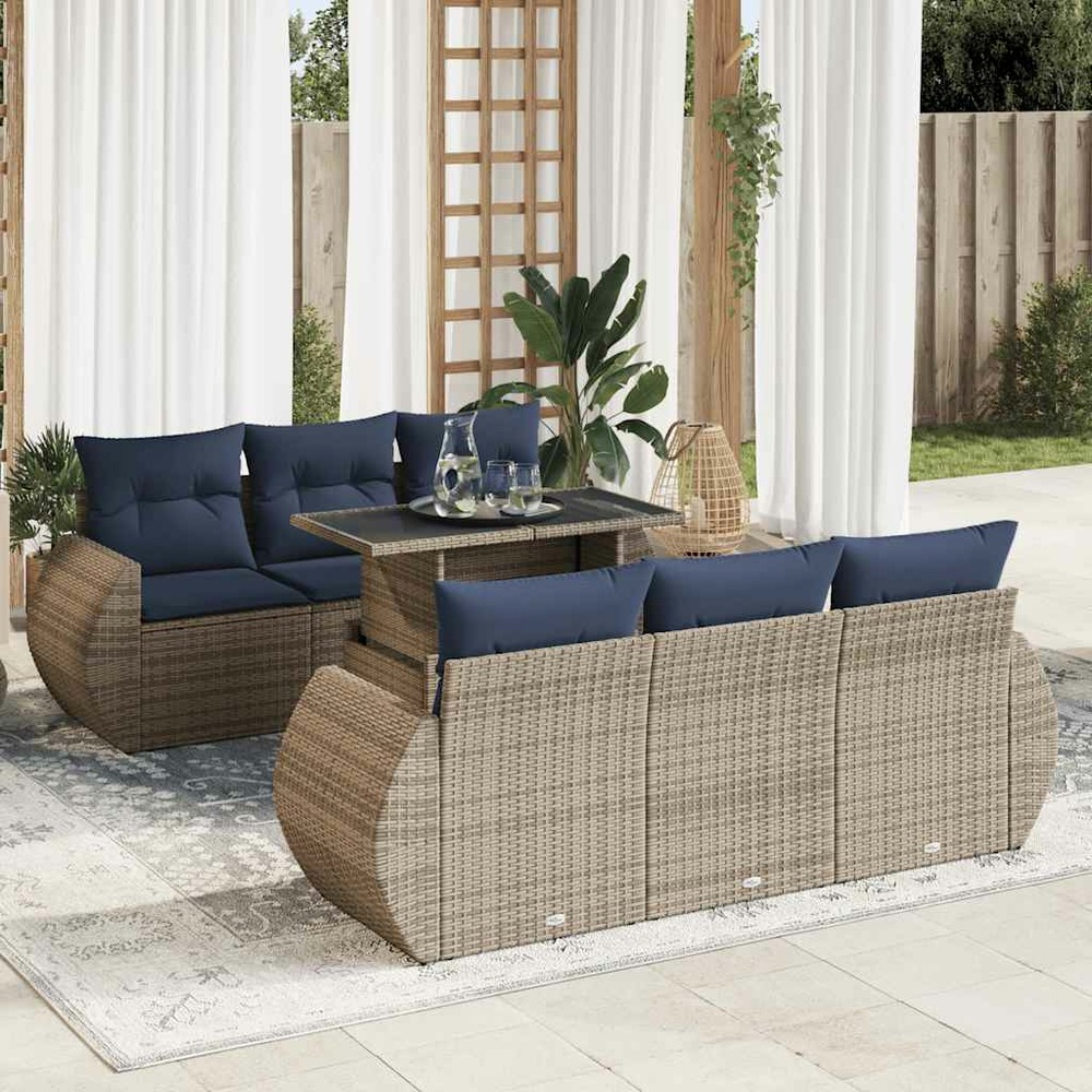 Salon de jardin avec coussins 7 pcs gris résine tressée acacia