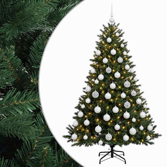 Sapin de noël artificiel avec boules 240 cm 300 led blanc chaud