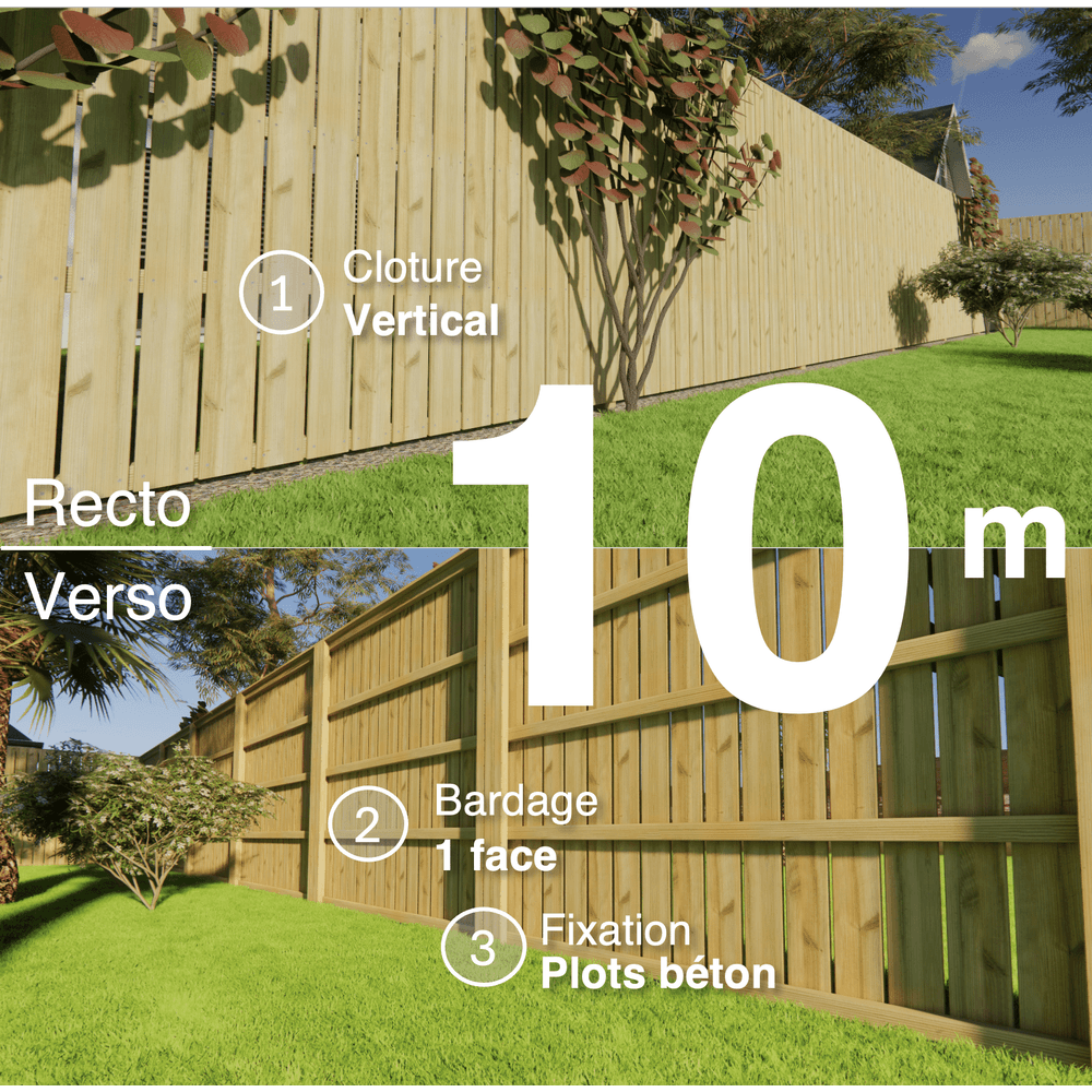 Kit clôture bois moderne 10m – h 2,3m – 21 x 145 mm autoclave vert – pose vertical – simple face – à sceller