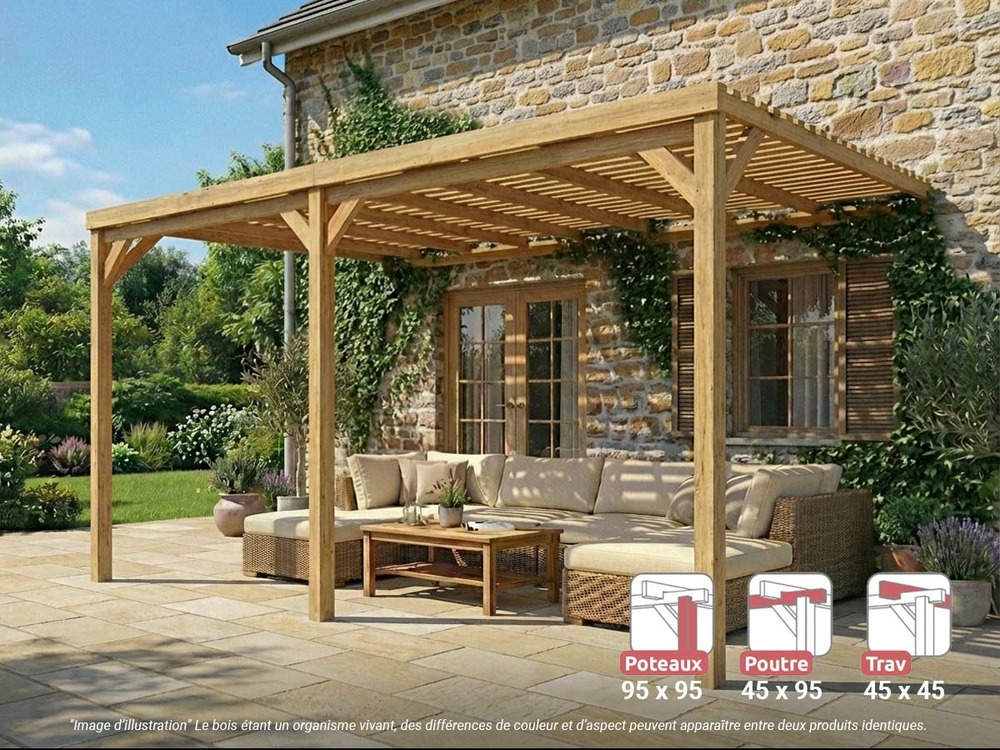 Pergola adossée en bois montpellier 600 x 300 cm + 3 supports surélevés