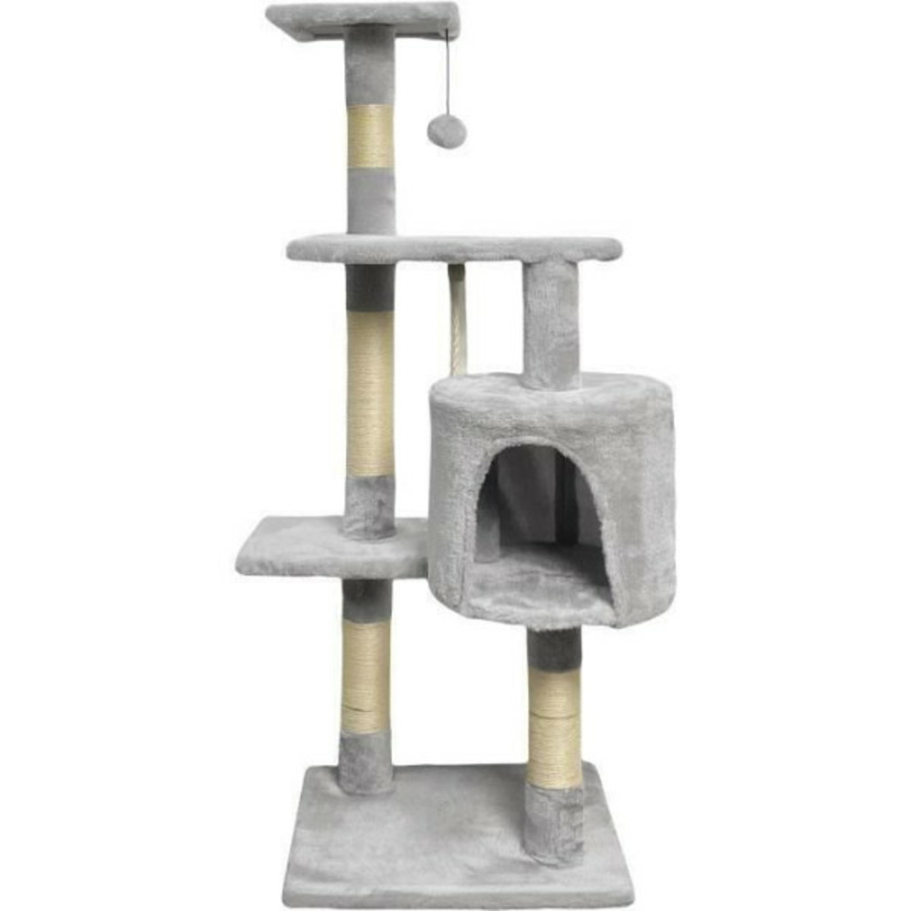 Arbre a chat gris 40 x 40 x 114cm - 3 plateformes, 1 corde, 1 niche , poteaux a griffer