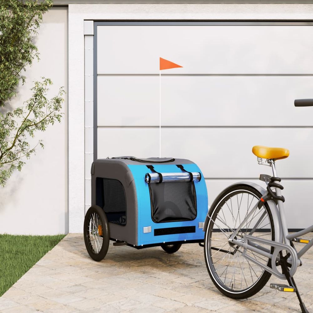 Remorque vélo animaux acier tissu oxford sécurisée pour balades bleu & gris