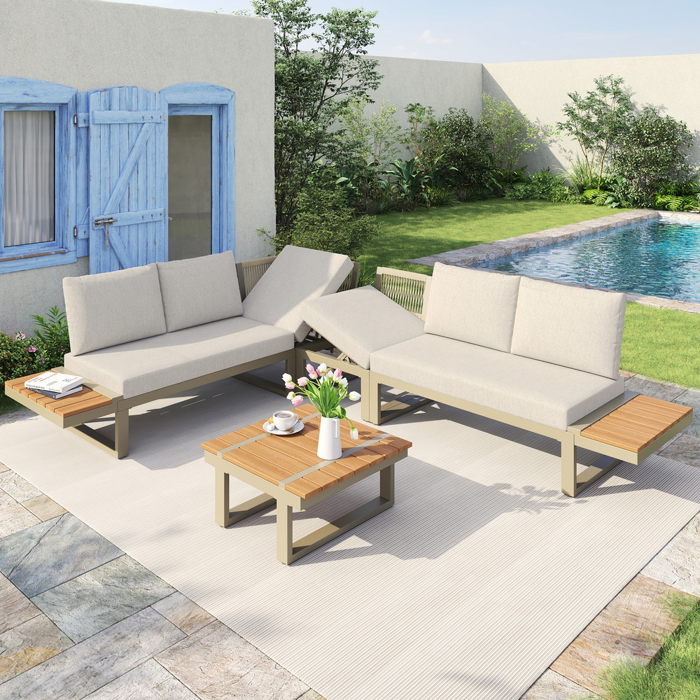 Mobilier jardin convertible 2 lits: angle, inclinaison réglable, acier galvanisé, imitation bois, table basse beige