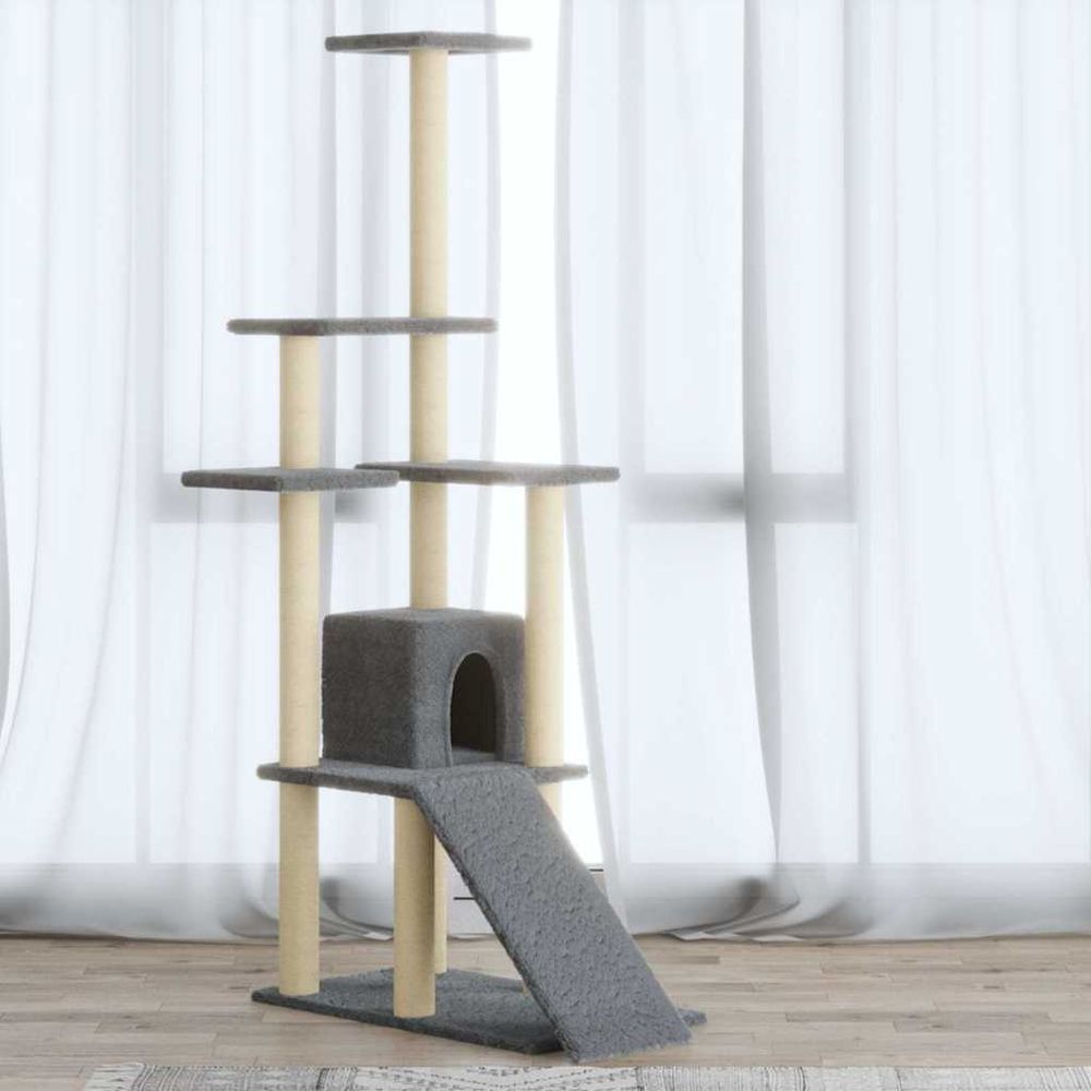 Arbre à chat complet 155 cm avec niche, plateformes et rampe d'accès griffoir en sisal gris clair