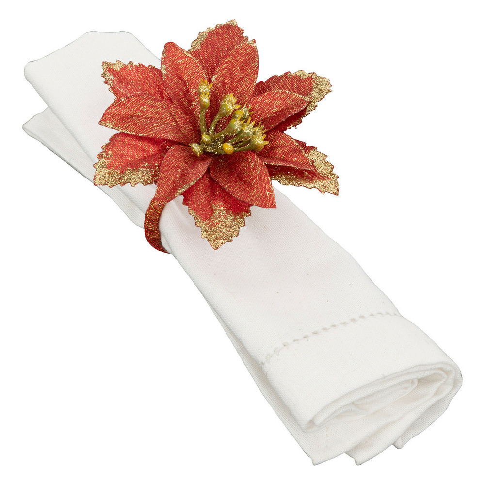 Lot de 2 ronds de serviette fleur de poinsettia rouge et doré