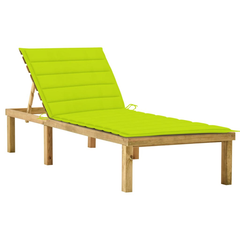Chaise longue avec coussin vert vif bois de pin imprégné bain de soleil