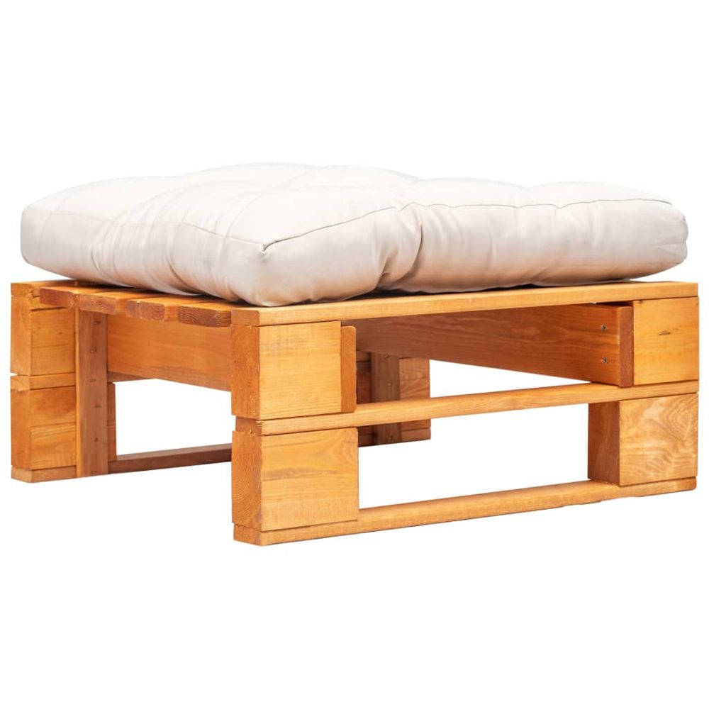 Repose-pied palette de jardin et coussin sable marron miel bois