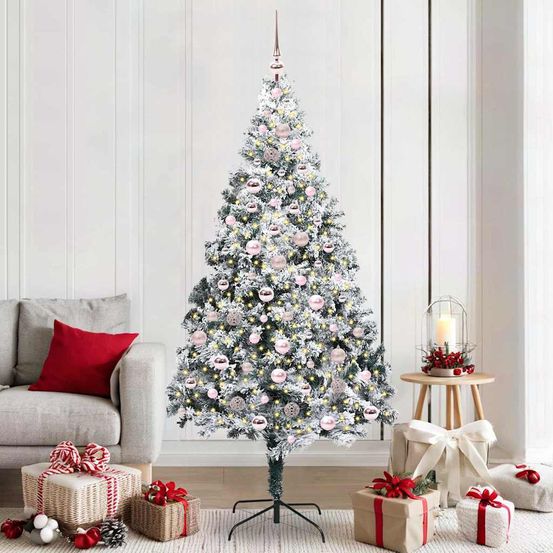 Grand sapin de noël artificiel lumineux 210 cm, décoré avec 120 boules et guirlande 300 led