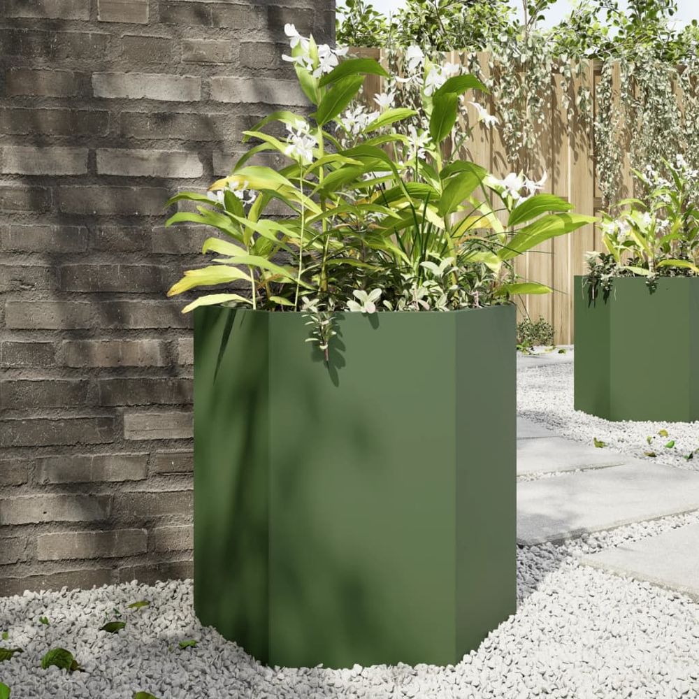 Carré potager hexagonal acier pour jardin et balcon vert olive 46x45 cm