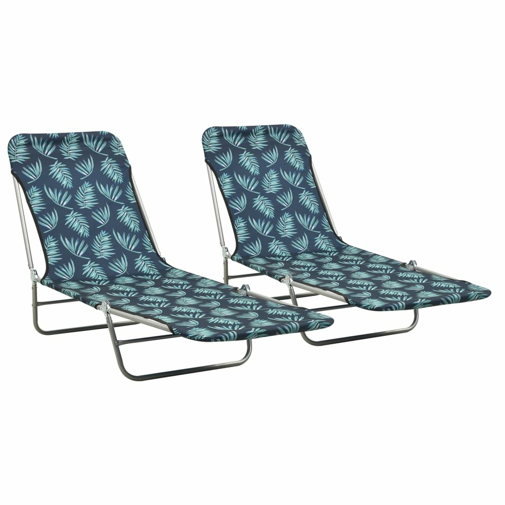 Chaises longues pliables 2 pièces acier et tissu motif de feuilles