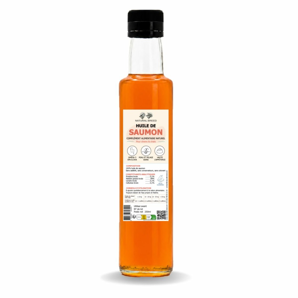 Huile de saumon pour chien et chat – complément alimentaire naturel – topper oméga-3 et appétence – 250 ml