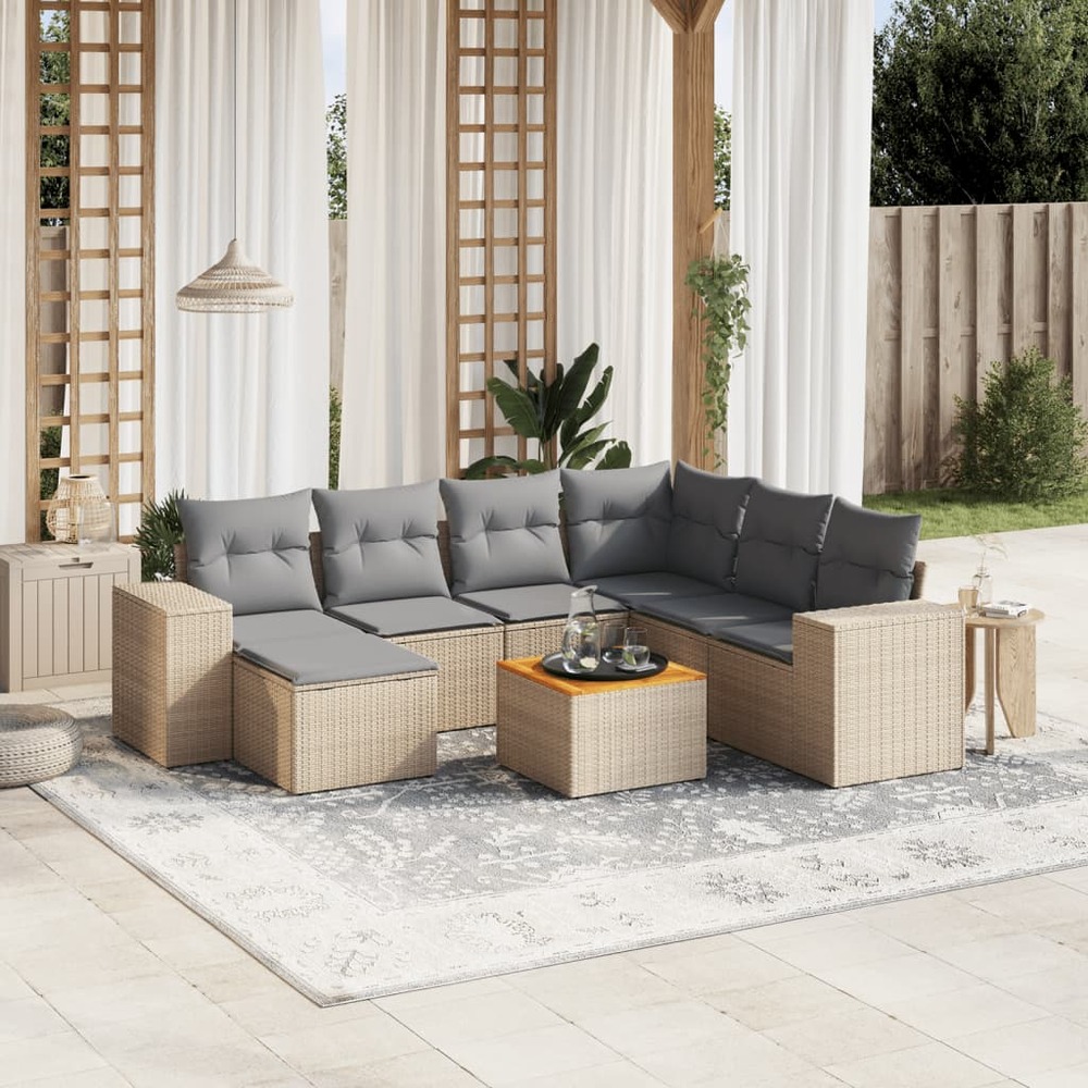 Salon de jardin avec coussins 8 pcs beige résine tressée