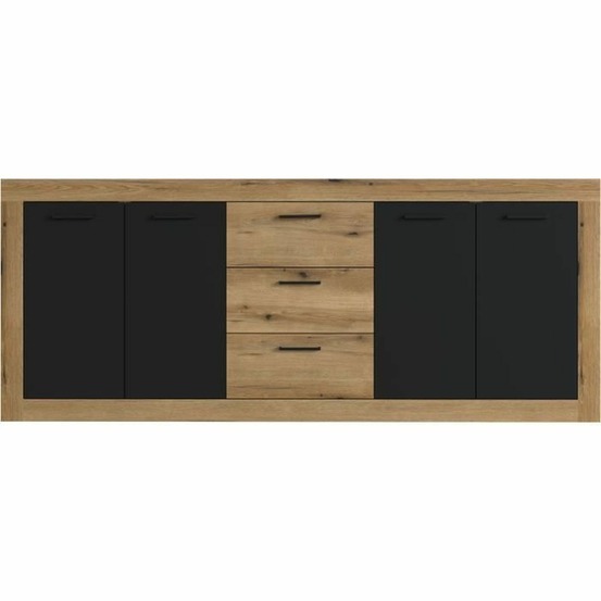 Buffet style industrile en mélaminé chêne et noir 4 portes + 3 tiroirs - 206 x 45 x 83,5 cm