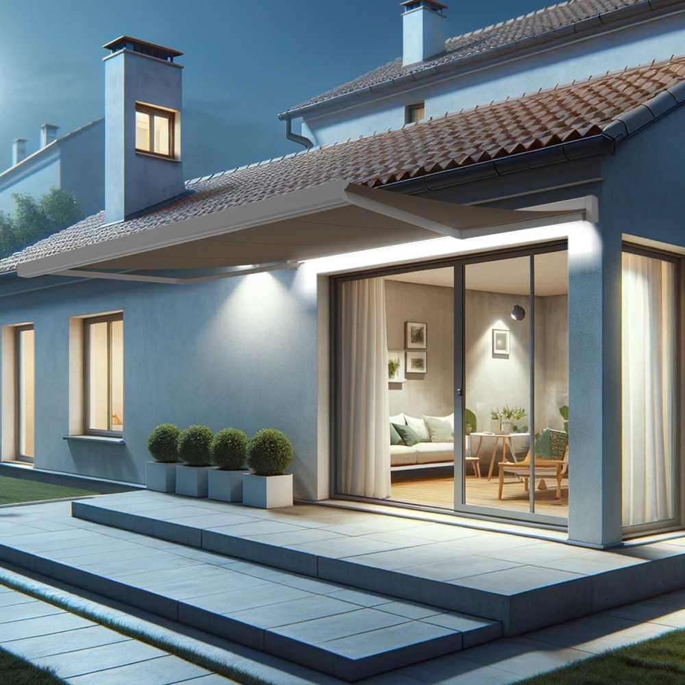 Store banne coffre intégral soa 4,10x3,50 m (motorisé secours à télécommande + led - blanc satiné ral9010 - taupe)