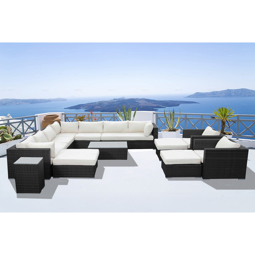 Salon de jardin modulable 13-14 places en résine tressée noir et blanc stalla
