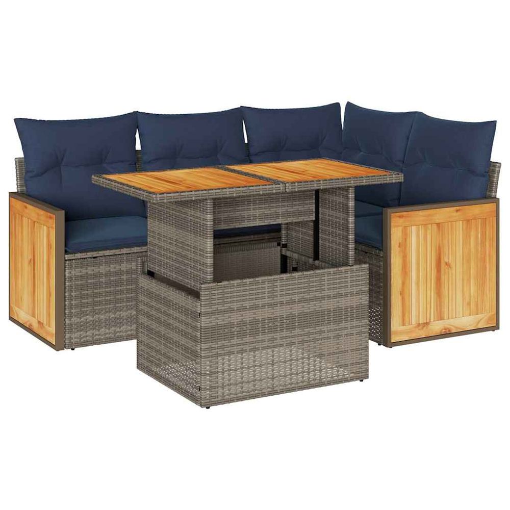 Salon de jardin 5 pcs avec coussins gris résine tressée acacia