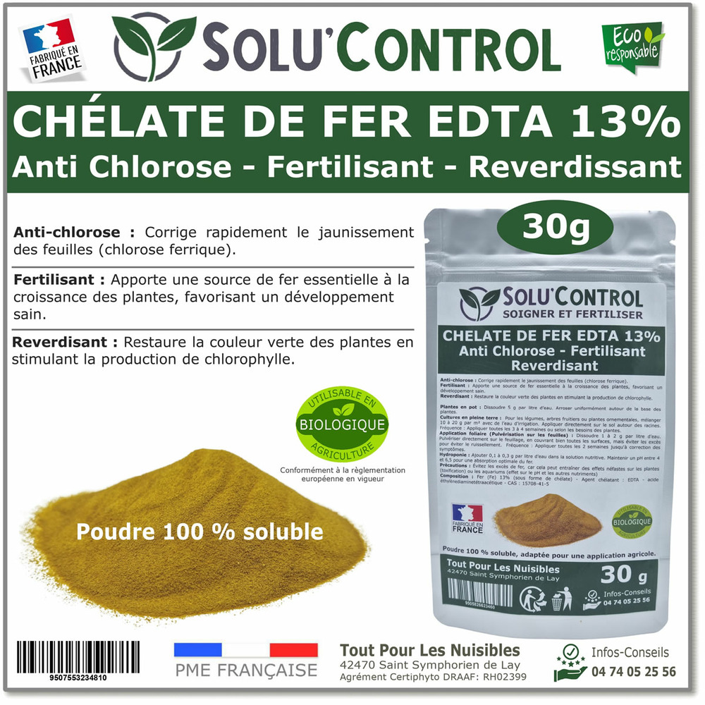 Solu'control chélate de fer edta 13%, anti-chlorose, fertilisant, reverdissant, 30g