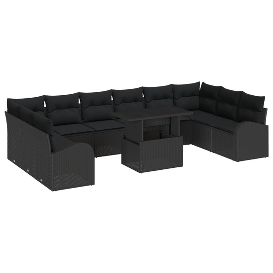 Ensemble de canapé de jardin 11 pièces avec coussins en noir poly rattan
