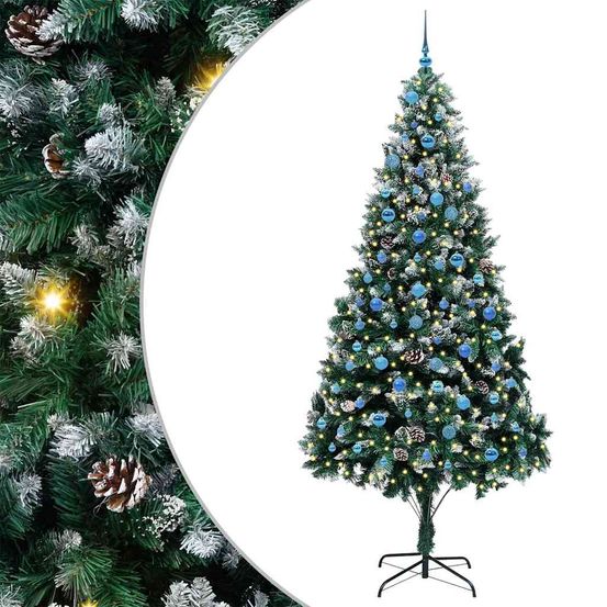Sapin de noël artificiel floconné 240 cm, kit complet avec 300 led et 120 boules