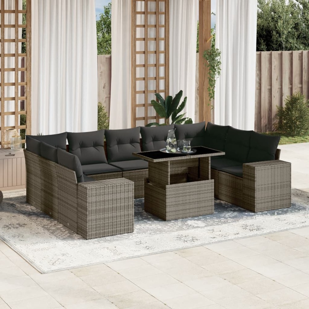 Salon de jardin avec coussins 10 pcs gris résine tressée