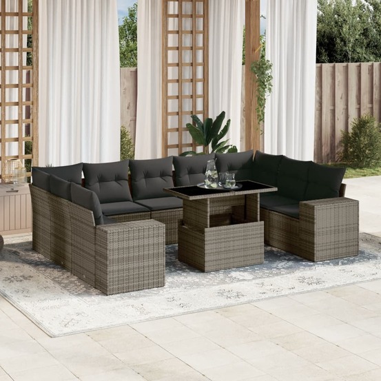 Salon de jardin avec coussins 10 pcs gris résine tressée