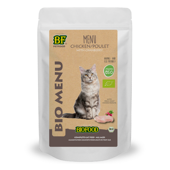 Pâtée BIO à base de poulet, kamuth, carottes et canneberge pour chat, 100g