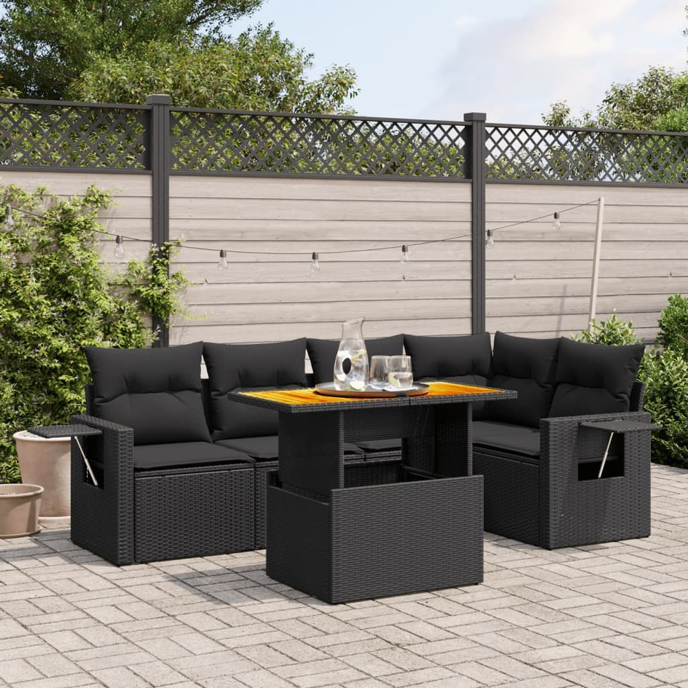 Salon de jardin 6 pcs avec coussins noir résine tressée
