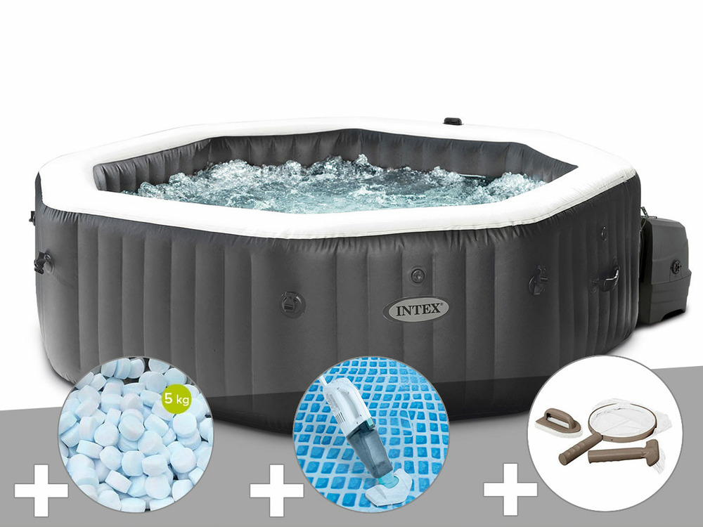 Kit spa gonflable purespa carbone octogonal bulles et jets 4 places + 5 kg de s
