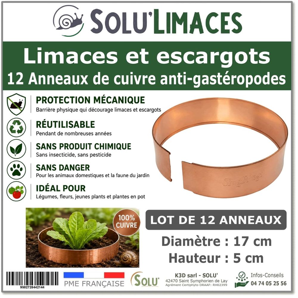 12 anneaux de cuivre anti-limaces et escargots solu'limaces - 17 cm - protection des salades, fraisiers, aromatiques, potager